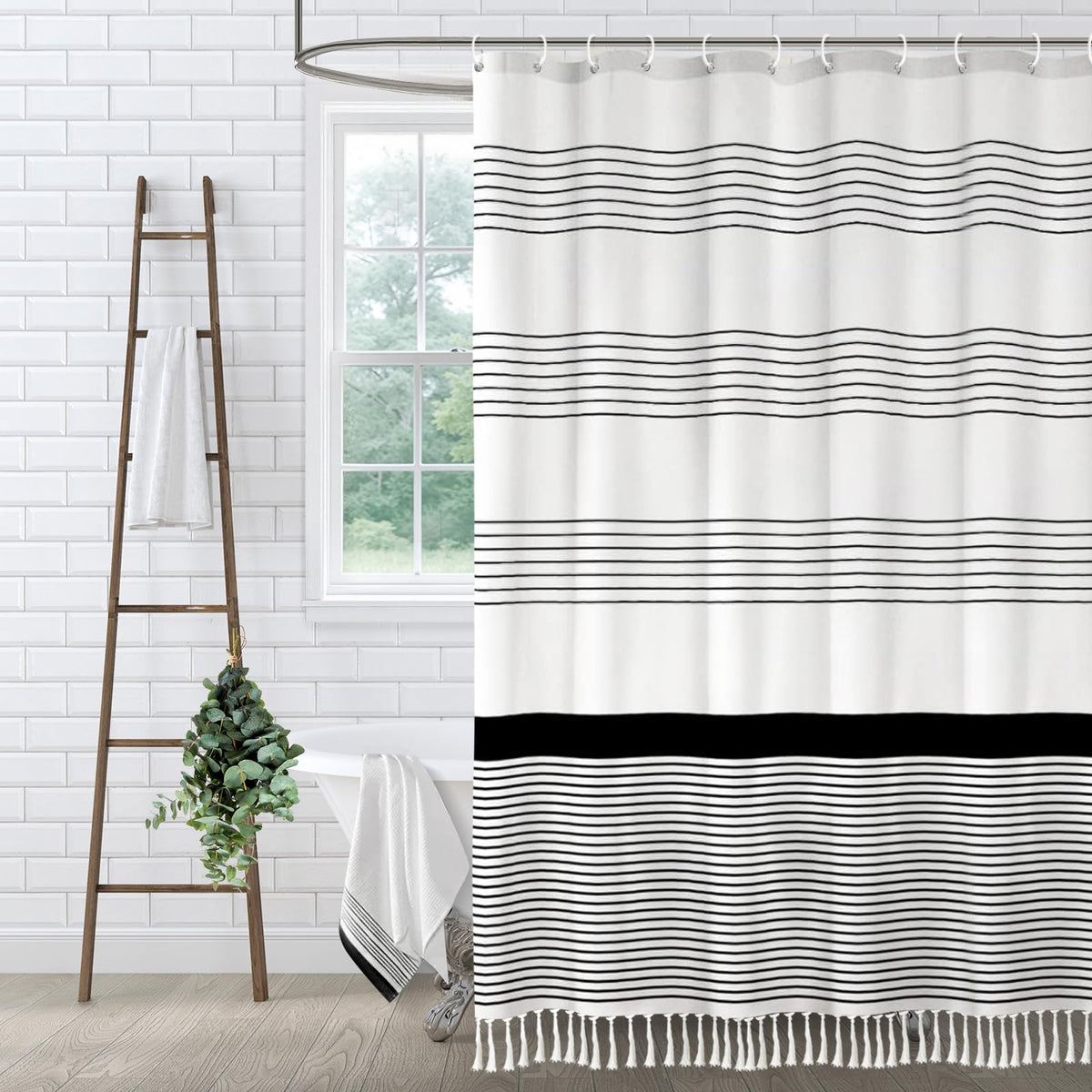 Boho Orange Fall Cotton Striped Shower Curtain with Tassel 72"W X 72"L