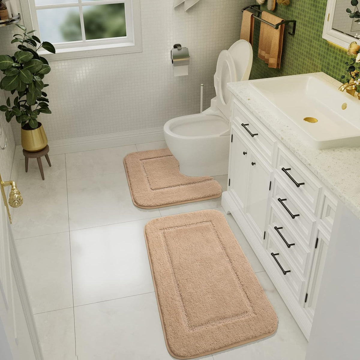 LOCHAS Bathroom Rug Set 2 Piece, 20''x20'' & 34''x21'', Beige