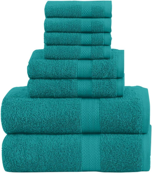 QUBA LINEN Pack of 8 Towels Set, 2 Large Bath Towels, 2 Hand Towels, 4 Wash Cloths, 100% Cotton, Lighter Weight, Quicker to Dry, Super Absorbent, Perfect for Bathroom (Teal)