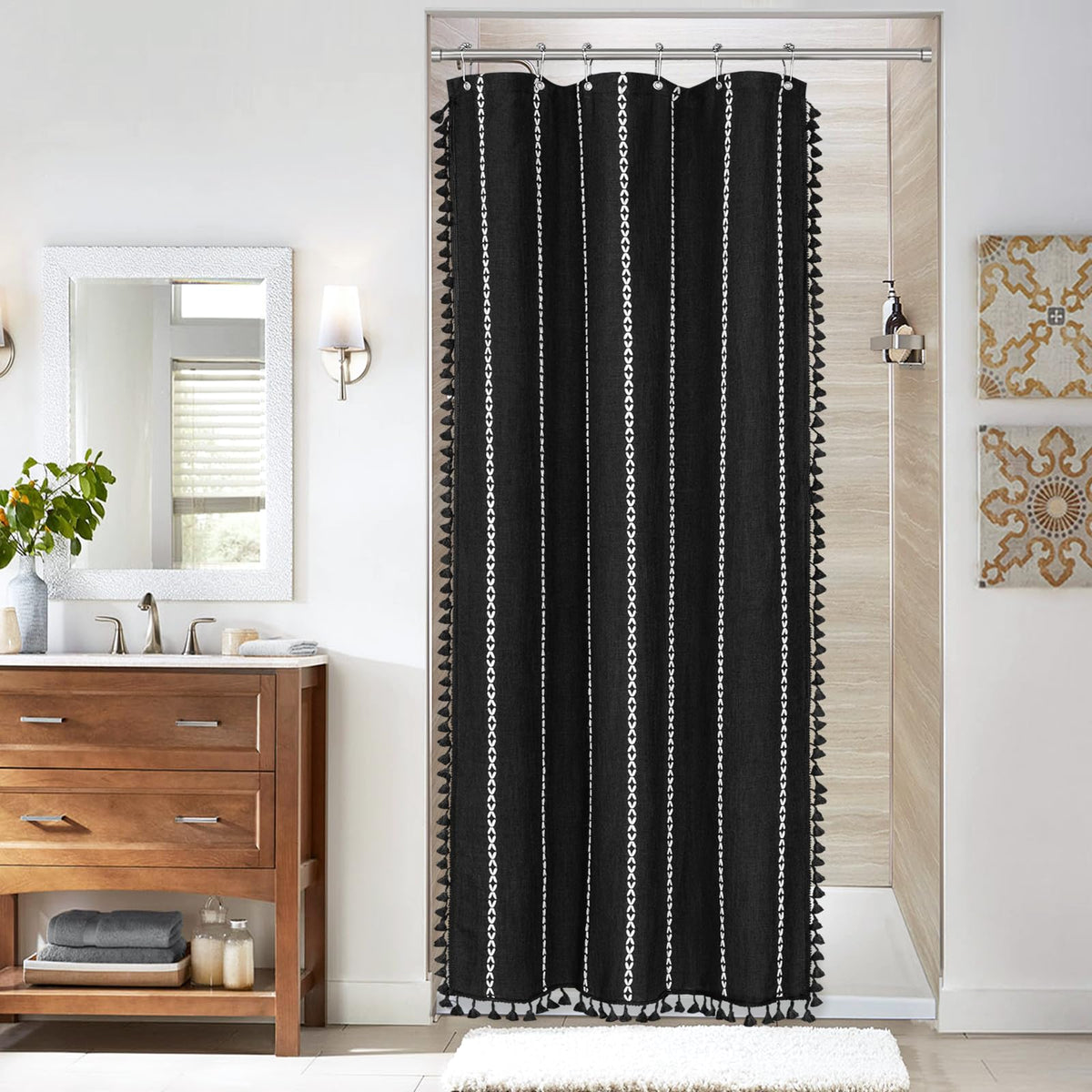 Boho Farmhouse Tassel Linen Shower Curtain,3D Embroidery Stripe Blue,72x72