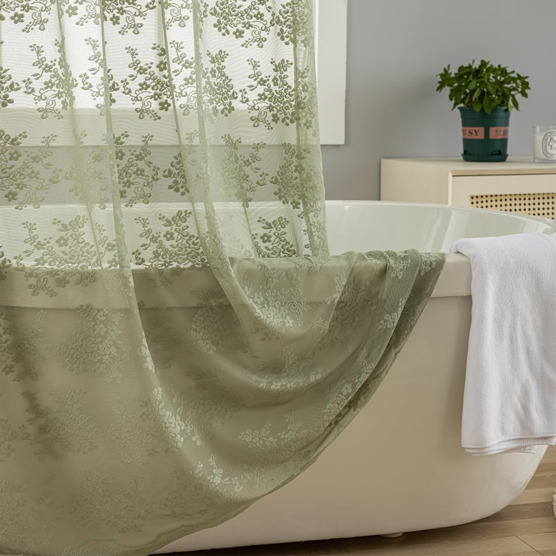 TUDECO Sage Green Shower Curtain with Attached Valance, 72 x 72, 1 Panel