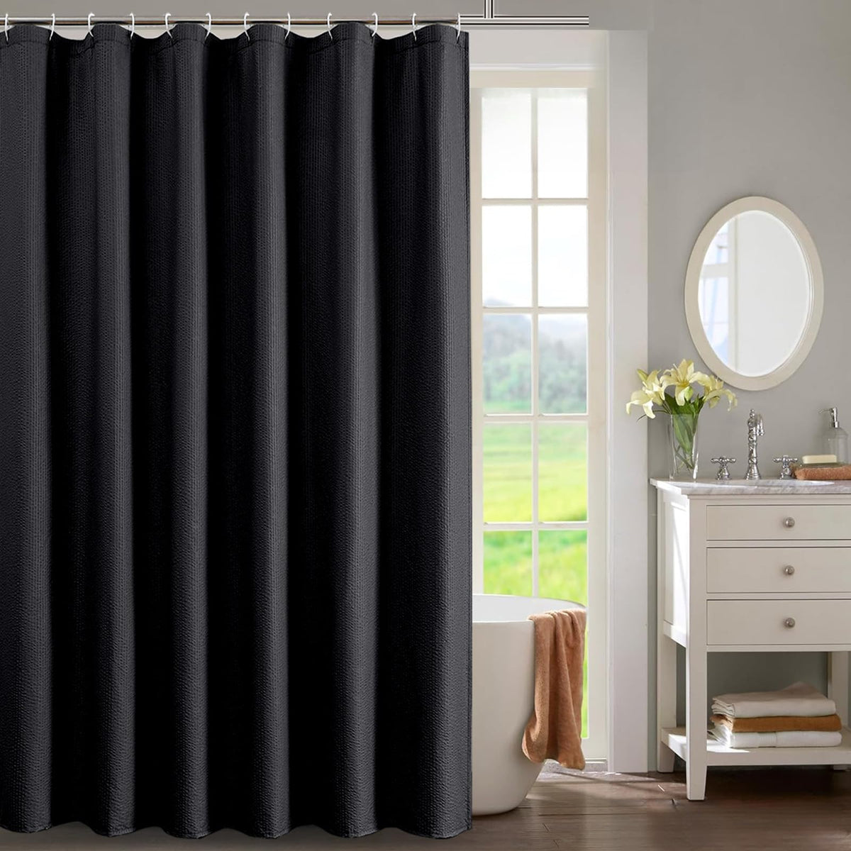OWENIE Cream Shower Curtain or Bathroom 72x72 Inch, 3D Embossed Textured Waffle Fabric Shower Curtains, Soft Hotel Farmhouse Style, Water Repellent, Machine Washable, Cream, 72" W x 72" L