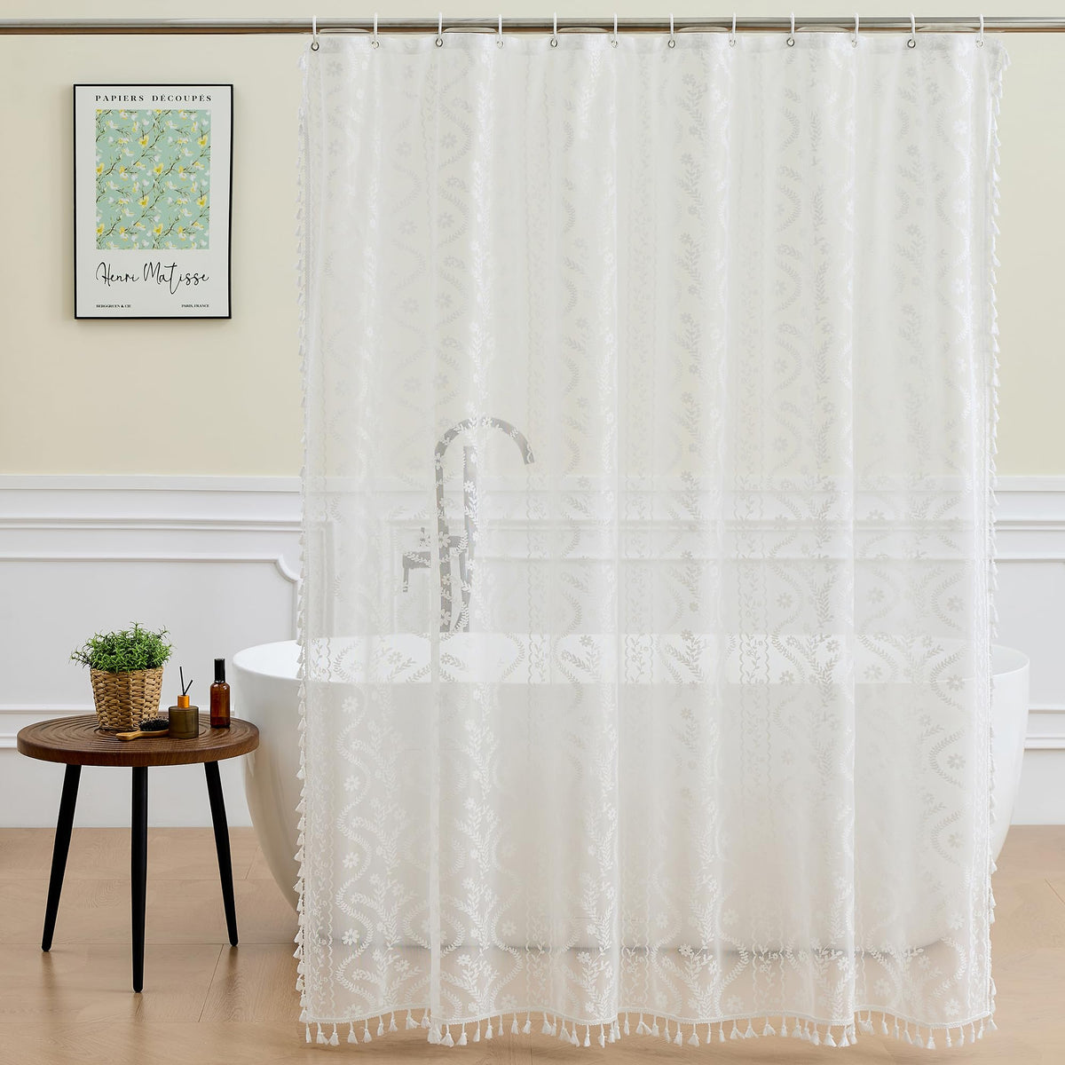 WAZZIO Dark Sage Green Lace Shower Curtain,Boho Chic,72 x 84 in