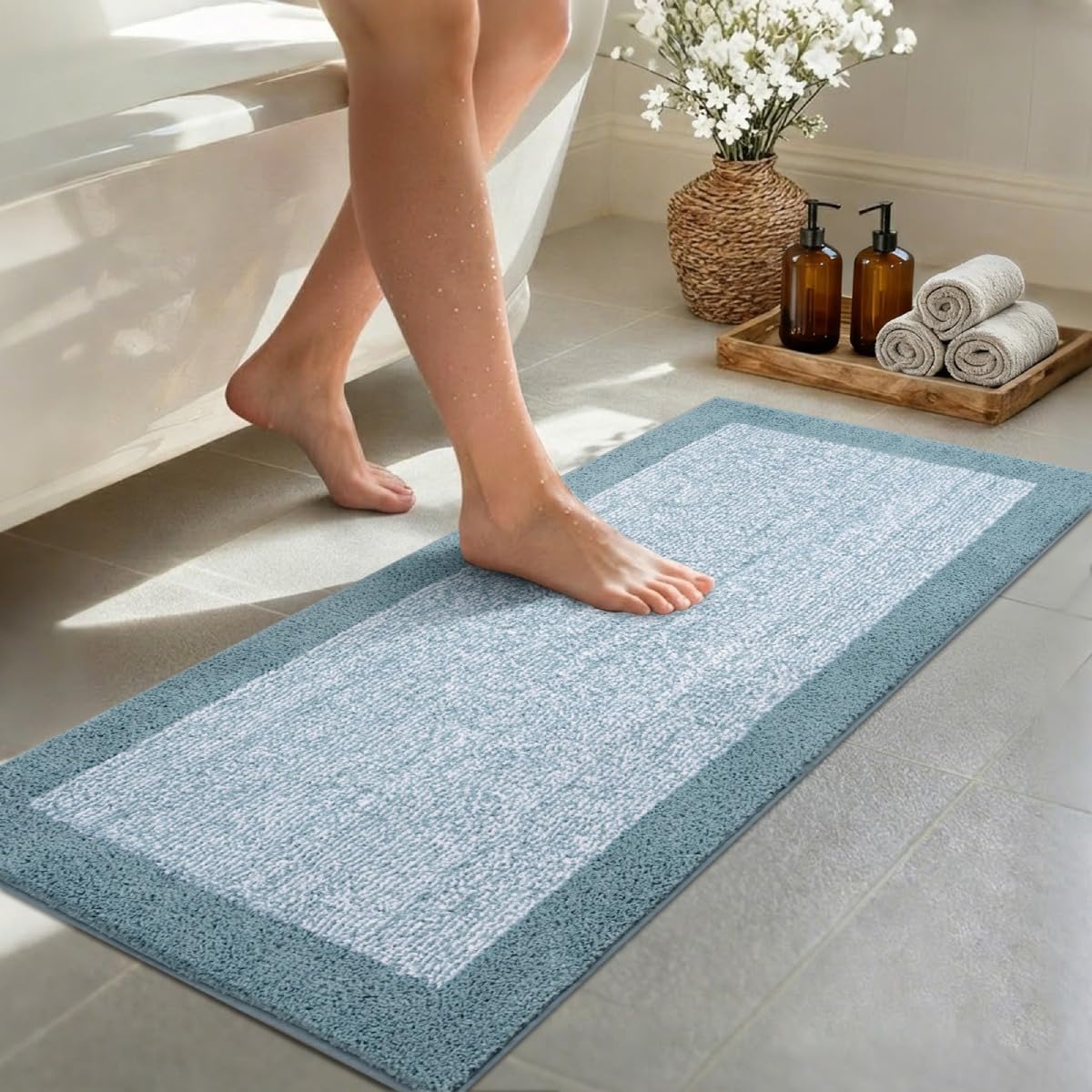 48x24 Long Bathroom Rugs Non Slip Washable, Soft Absorbent Bath Mat Blue