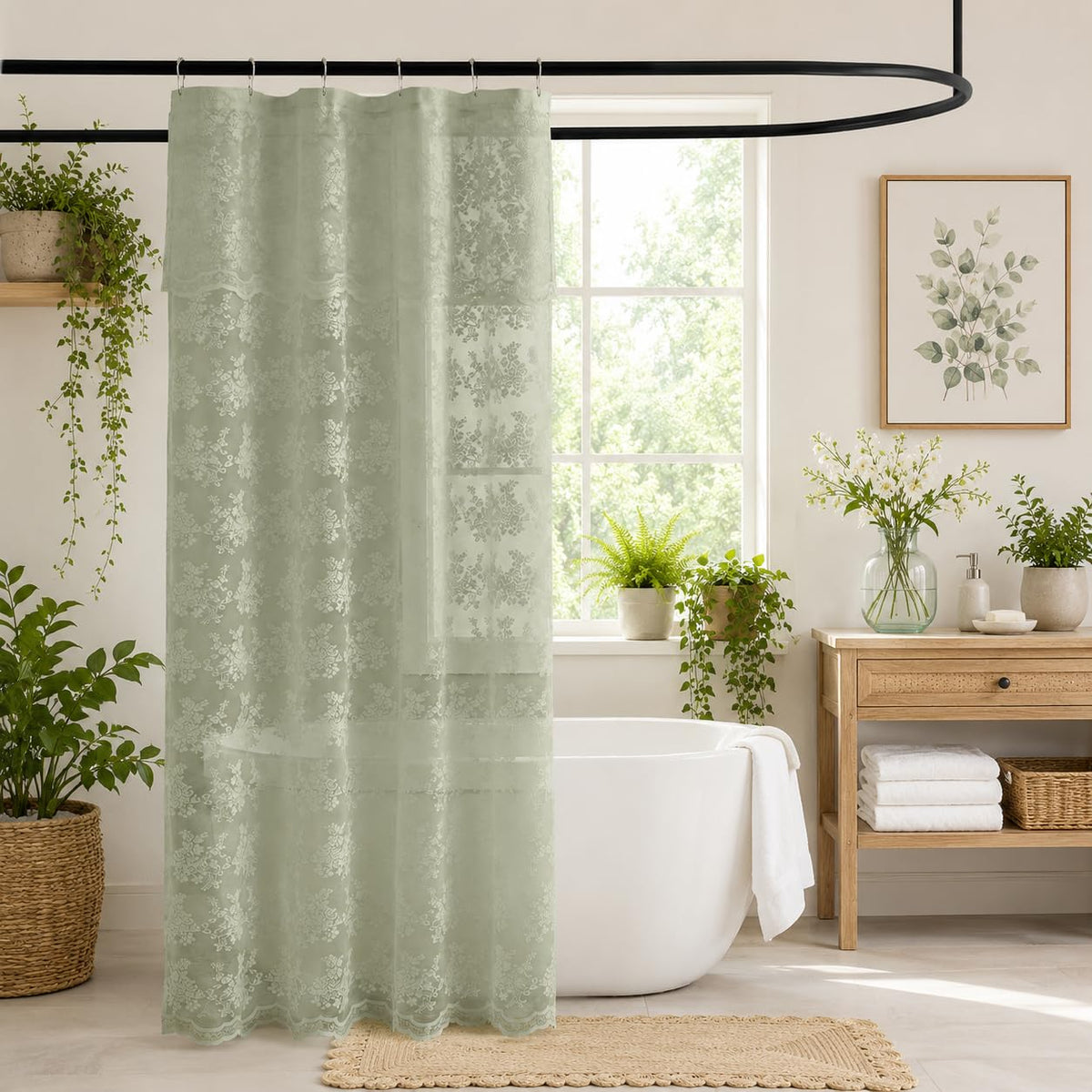 TUDECO Sage Green Shower Curtain with Attached Valance, 72 x 72, 1 Panel