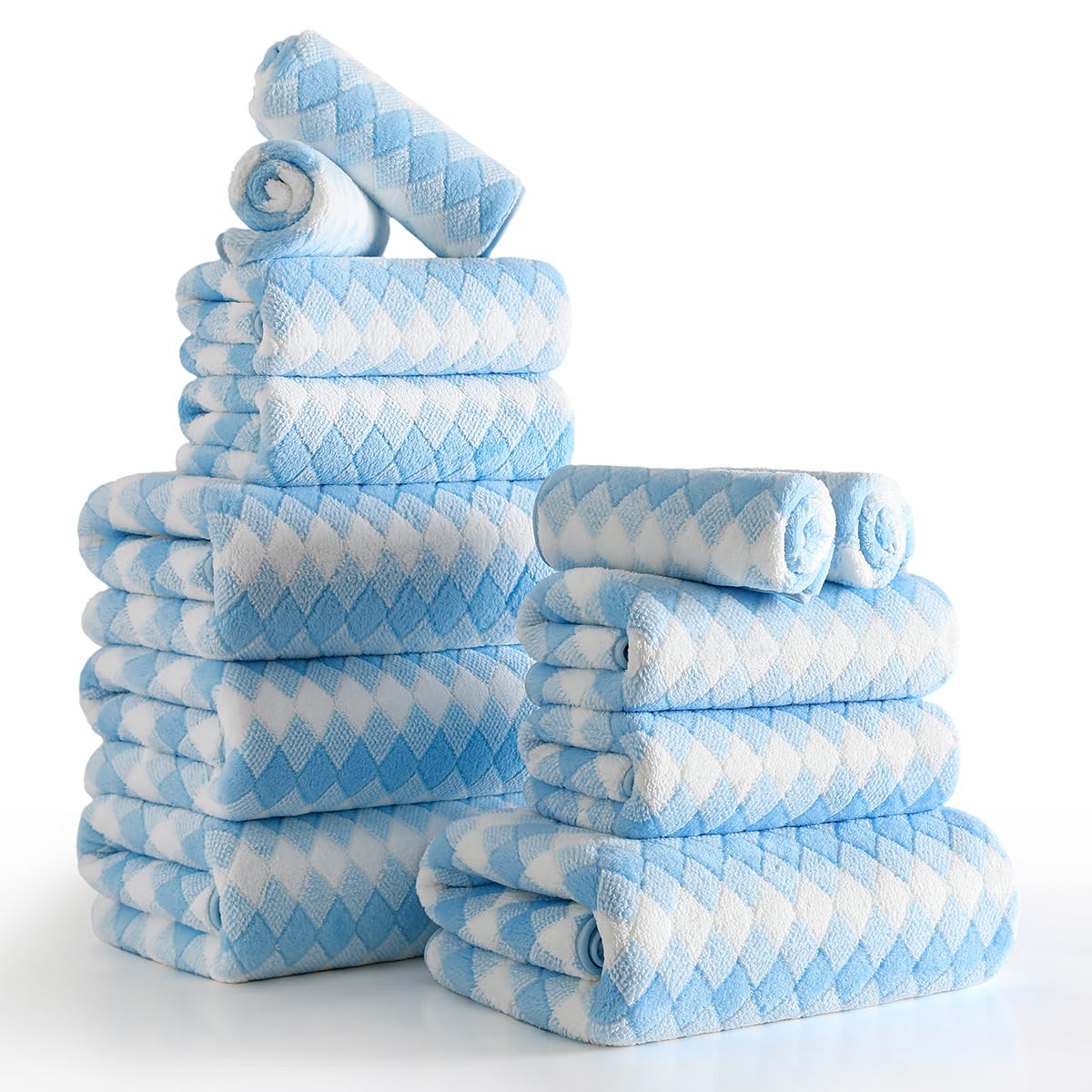 12 Pcs Black White Diamond Towel Set-4 Bath Towels,4 Hand Towels,4 Washcloths Soft Polyester Towels with Loop Absorbent Shower Towel Quick Dry Beach Chair Towel Family Towels for Bathroom Spa Gym Pool