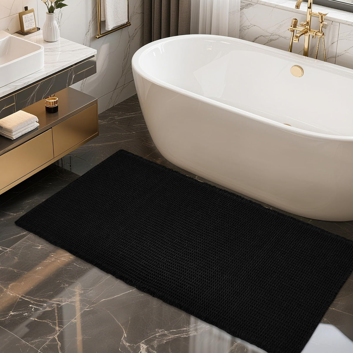 ZALL Waffle Bath Mat,Dark Green Super Absorbent Non Slip Bathroom Rug,17x24inch,Machine Washable Ultra Soft Floor Mats