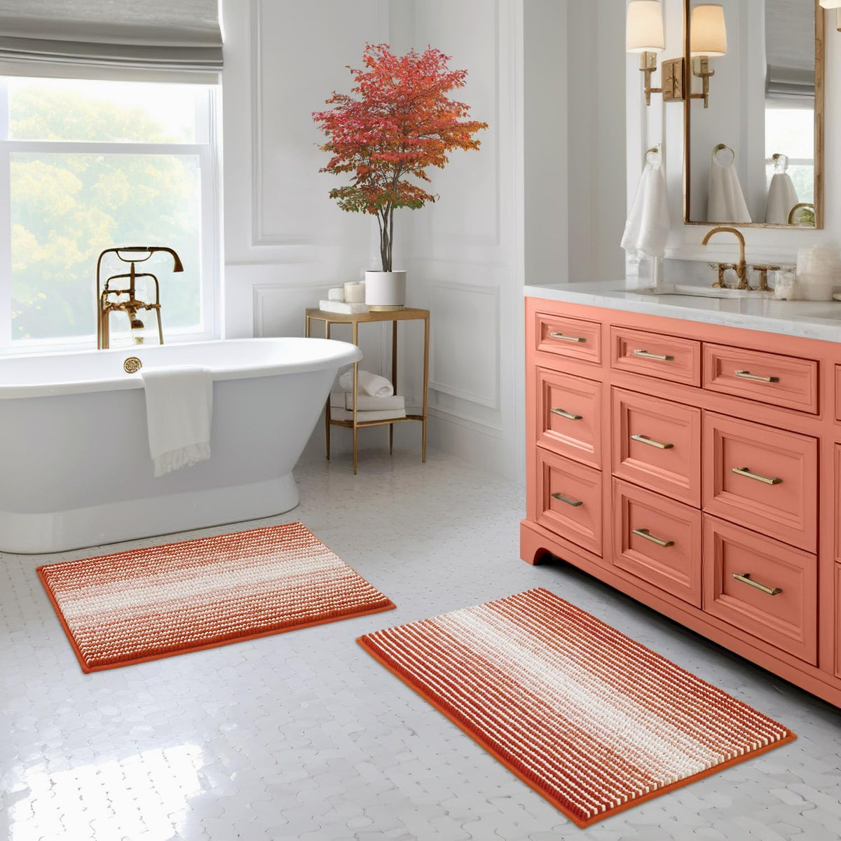 BSICPRO Large Chenille Bathroom Rugs Runner, 20x47 Striped Bath Mats, Beige