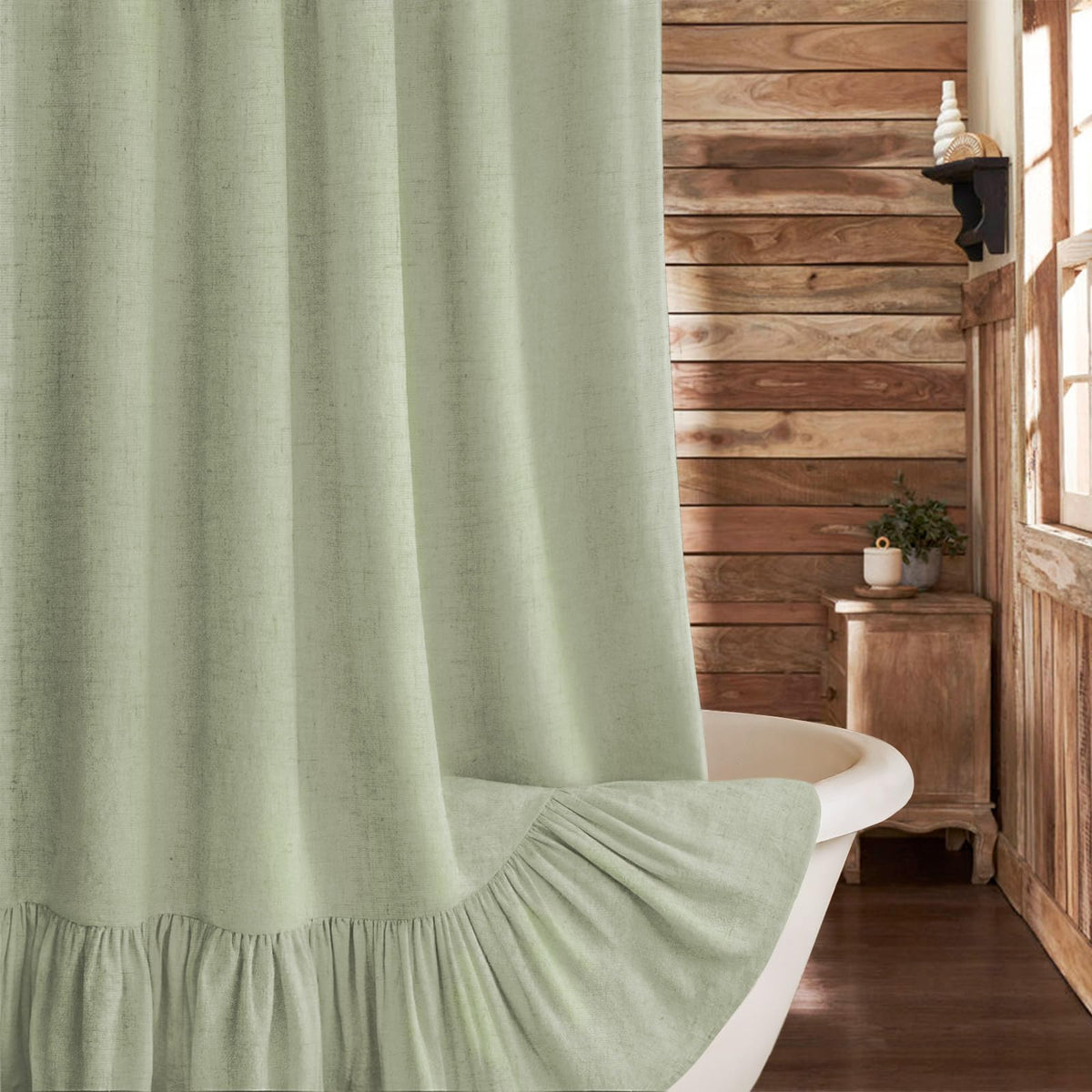 Farmhouse Shower Curtain Ruffle Linen Beige 72" W x 72" L