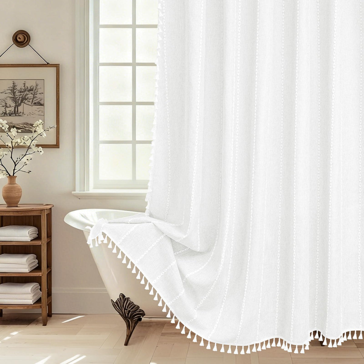 Seenus Boho Farmhouse Linen Shower Curtain with Tassels, Heavyweight Soft Fabric Shower Curtain Beige Water Repellent, 72 x 72 Inch Cream Elegant Bathroom Decor Shower Curtains Cotton Striped