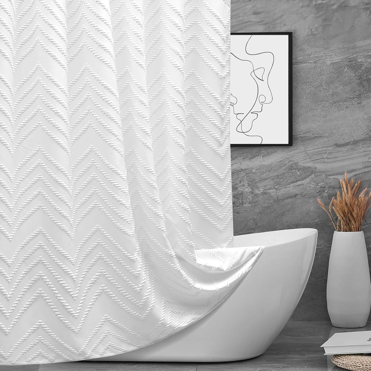 White Boho Fabric Shower Curtain 72 x 84 Inches