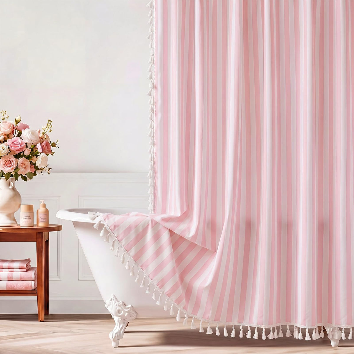 Pink Ruffled Striped Shower Curtain