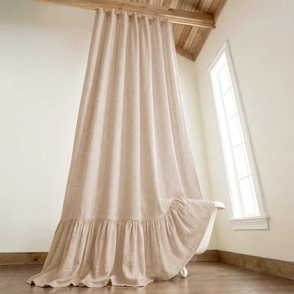 Farmhouse Shower Curtain Ruffle Linen Beige 72" W x 72" L