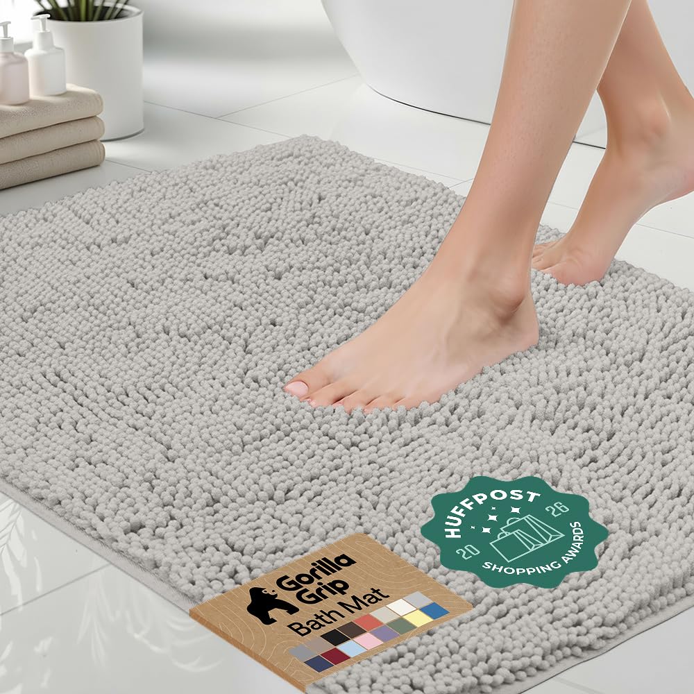 GORILLA GRIP Bath Rug Mat for Bathroom, Absorbent Chenille, 30x20 Gray