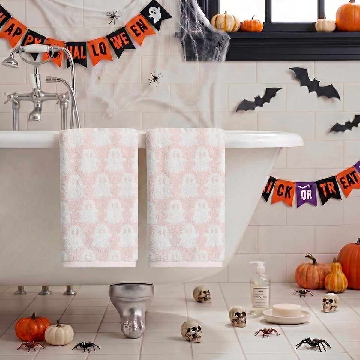 Artoid Mode 2 Pcs Pink Ghost Halloween Hand Towels for Bathroom