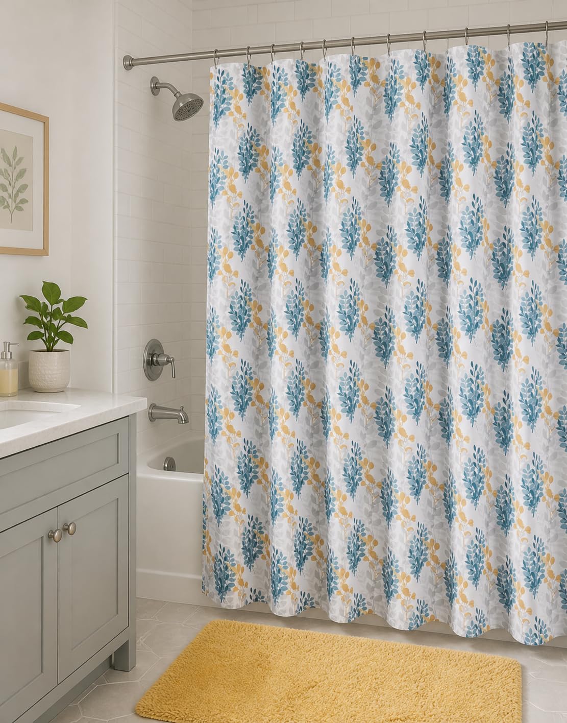 Blue Floral Fabric Shower Curtain Farmhouse Border Design for Bath 72x72