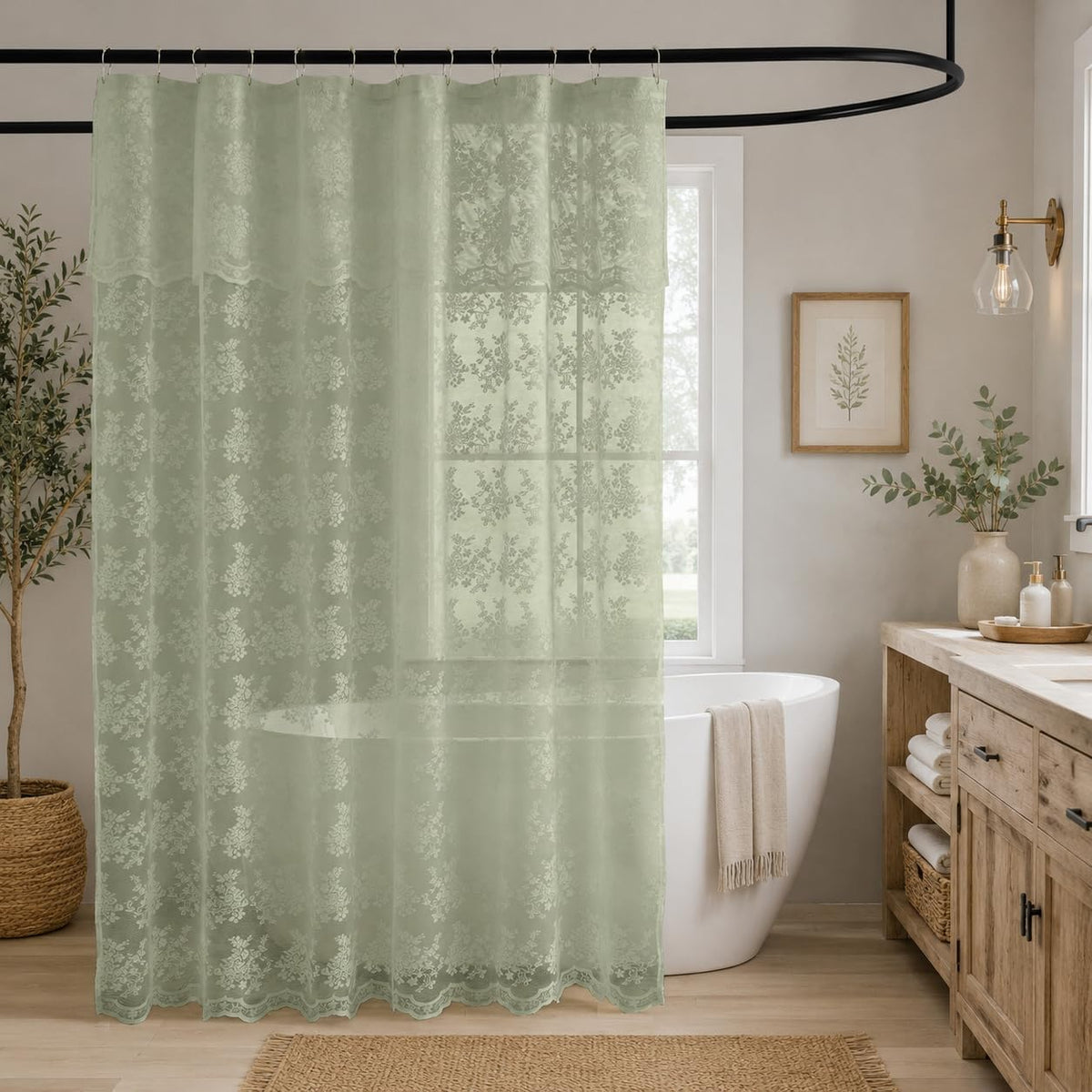 TUDECO Sage Green Shower Curtain with Attached Valance, 72 x 72, 1 Panel