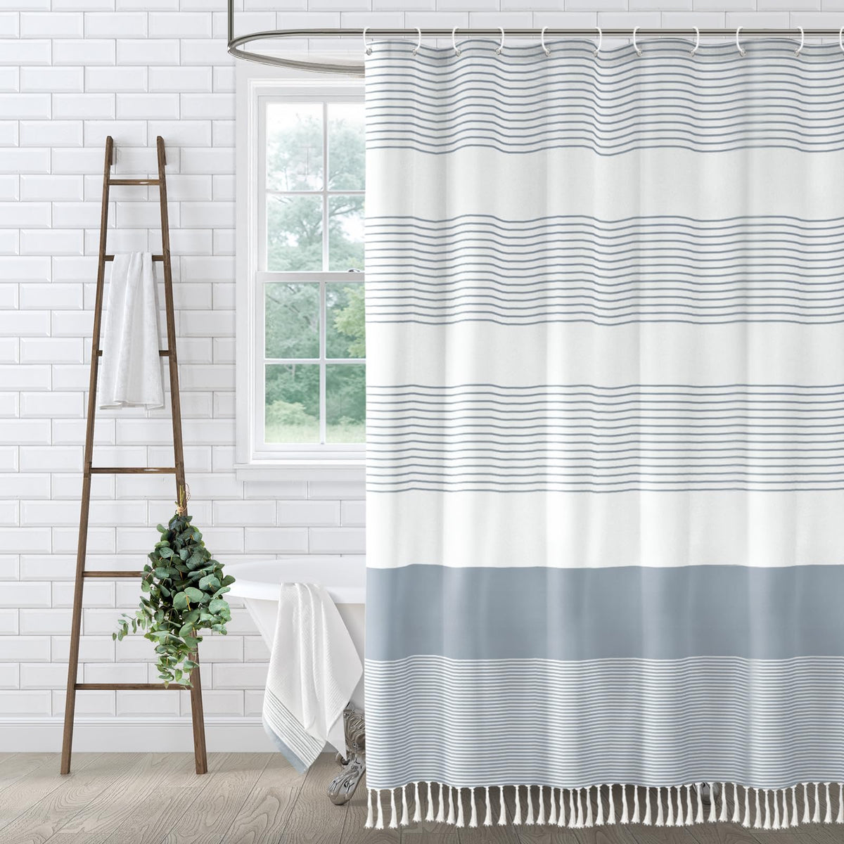 Boho Orange Fall Cotton Striped Shower Curtain with Tassel 72"W X 72"L
