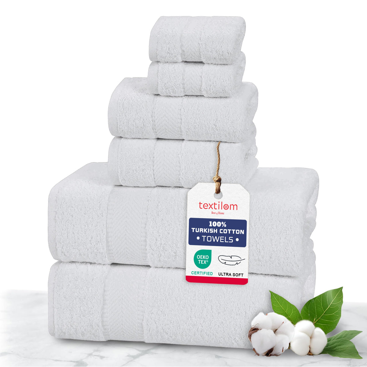 TEXTILOM 100% Turkish Cotton 6 Pcs Luxury Bath Towel Set, Soft & Absorbent Towels for Bathroom (2 Bath Towels, 2 Hand Towel, 2 Washcloths) - Aqua