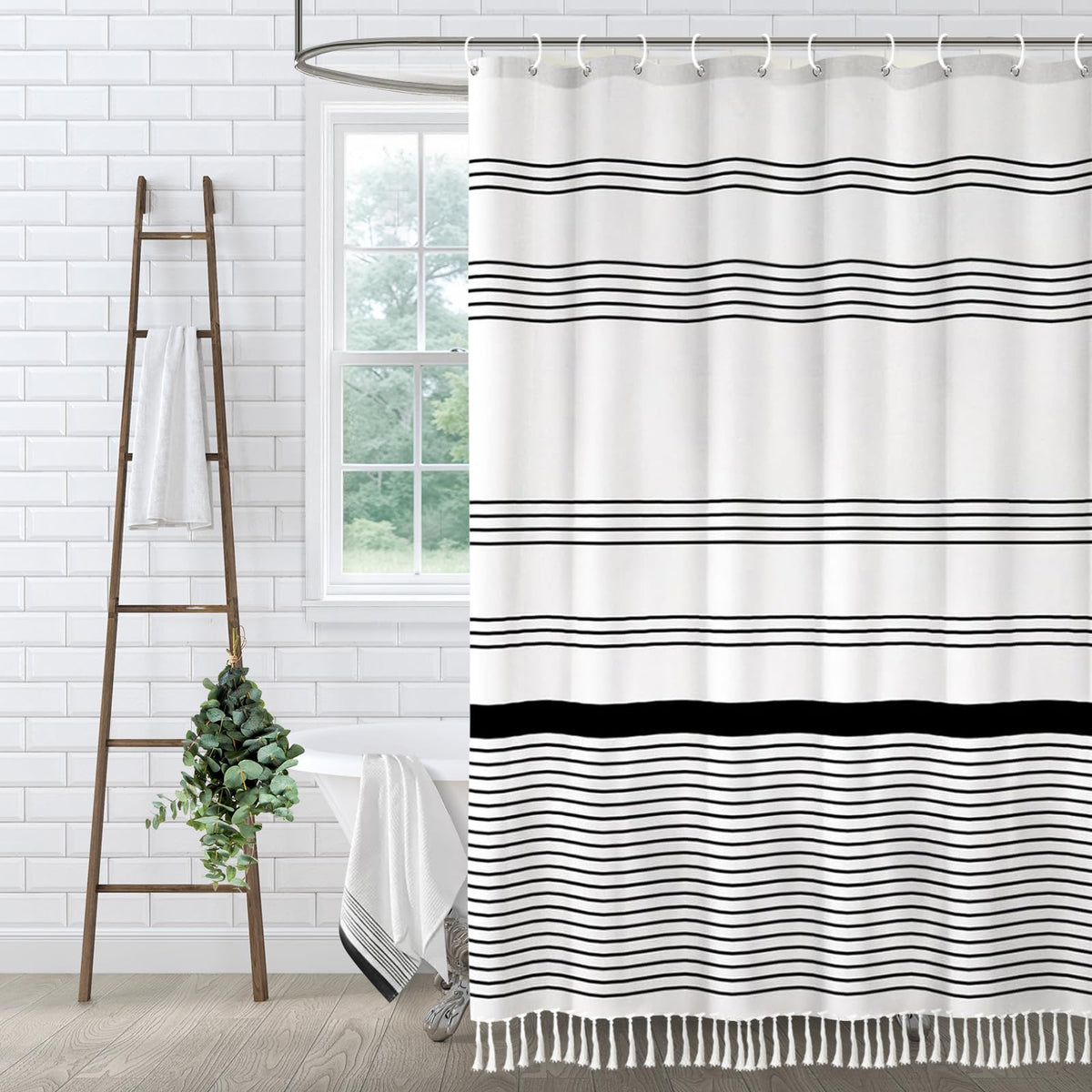 Boho Orange Fall Cotton Striped Shower Curtain with Tassel 72"W X 72"L