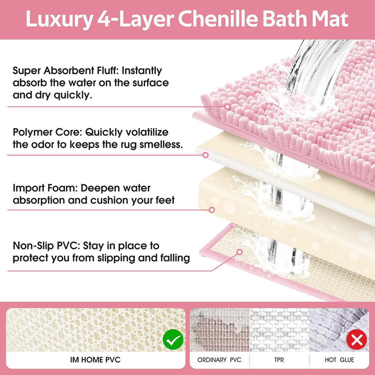 ACCUMTEK Christmas Striped Pink Bathroom Rug Set 3 Pieces Ultra Soft, Non Slip Chenille Toilet Mat, Absorbent Plush Shaggy Bath Mats for Bathroom, Bedroom, Kitchen