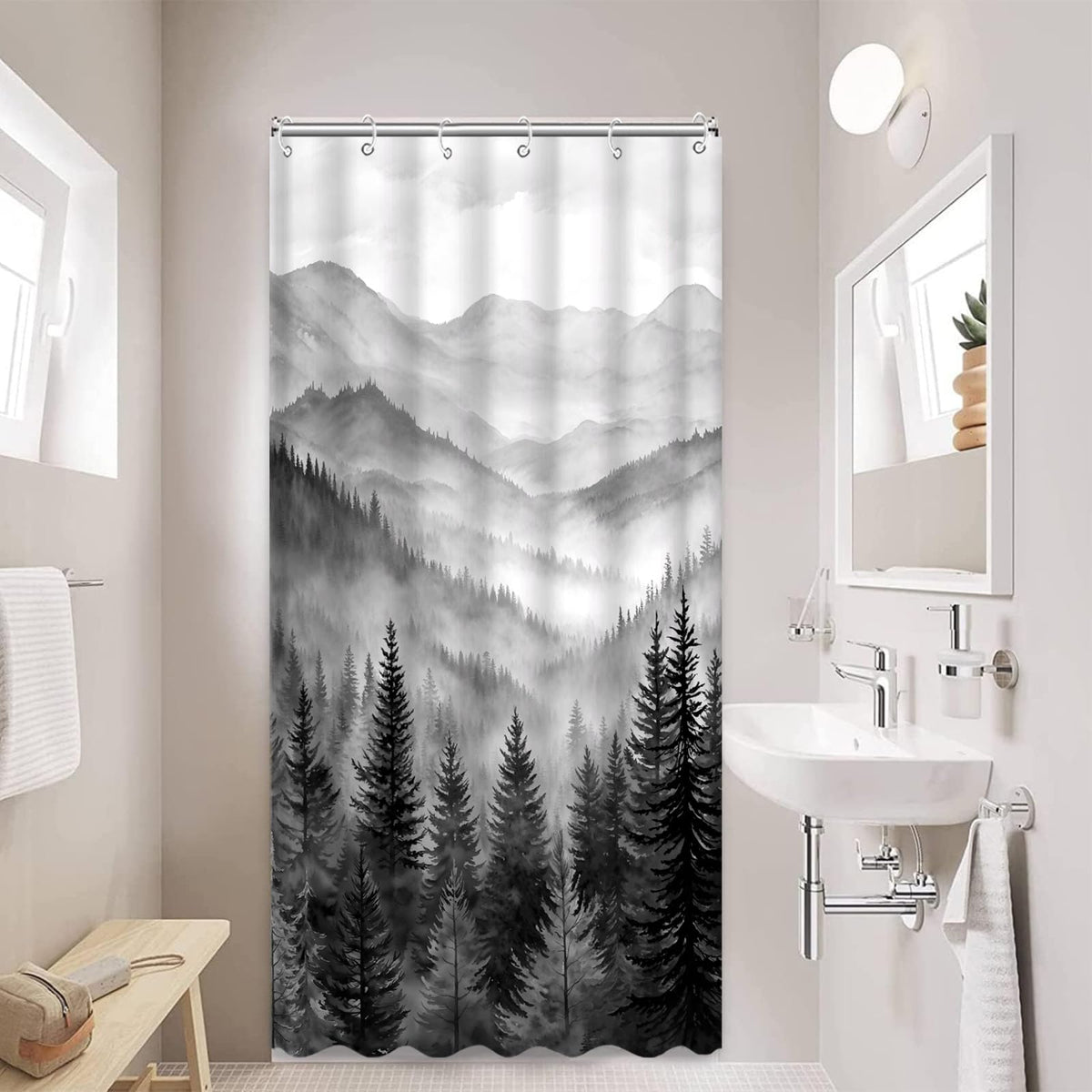Accnicc Forest Mountain Shower Curtain Dark Green Nature Misty Pine Tree Shower Curtains for Bathroom Foggy Rustic Woodland Decorative Waterproof Fabric Bath Curtain Decor 72×72 Inches