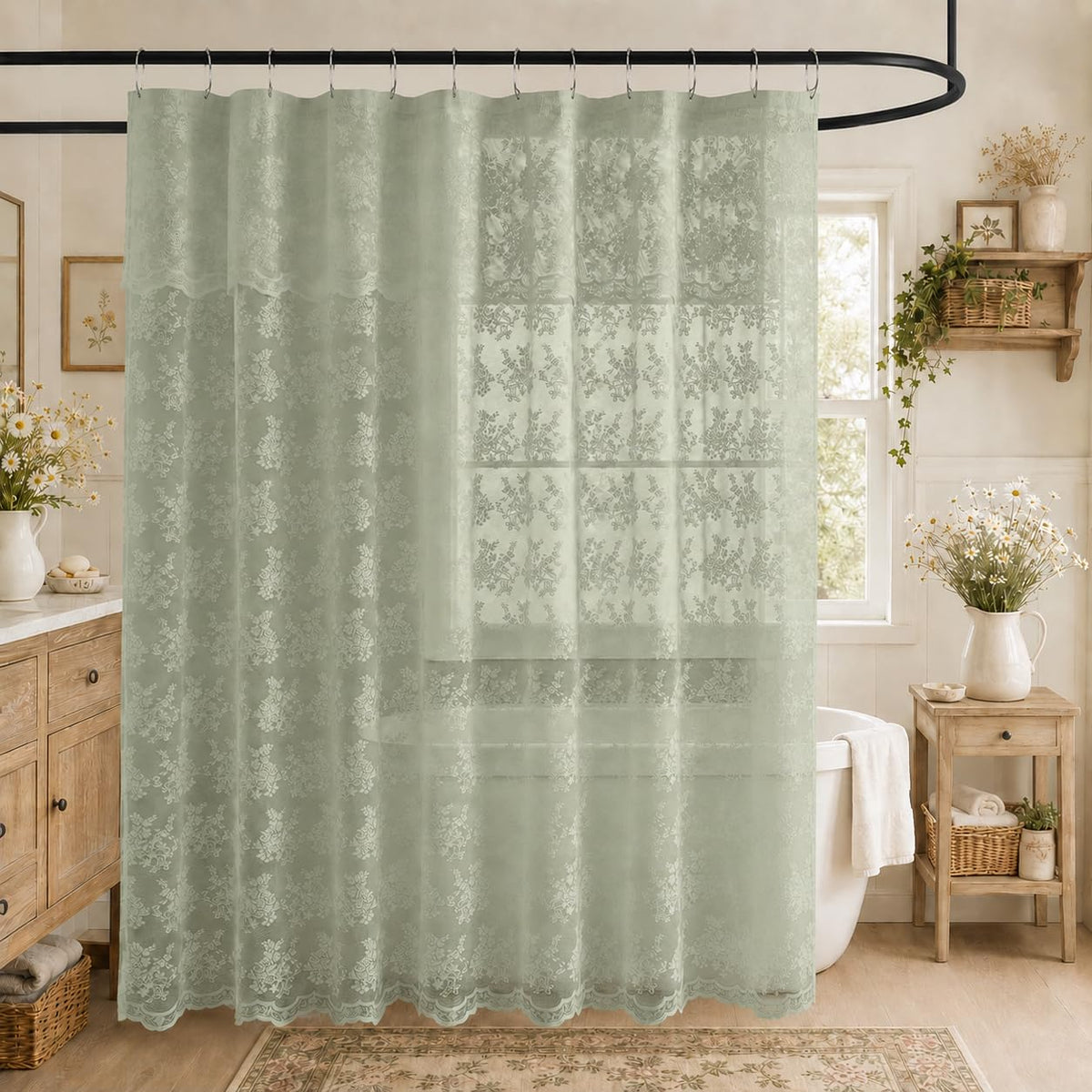 TUDECO Sage Green Shower Curtain with Attached Valance, 72 x 72, 1 Panel