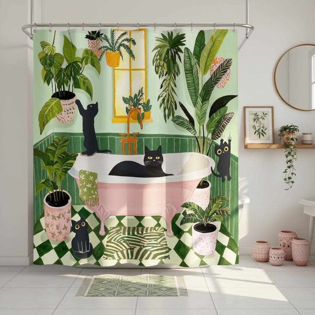 Funny Cat Shower Curtain for Bathroom Green 72x72 Inch