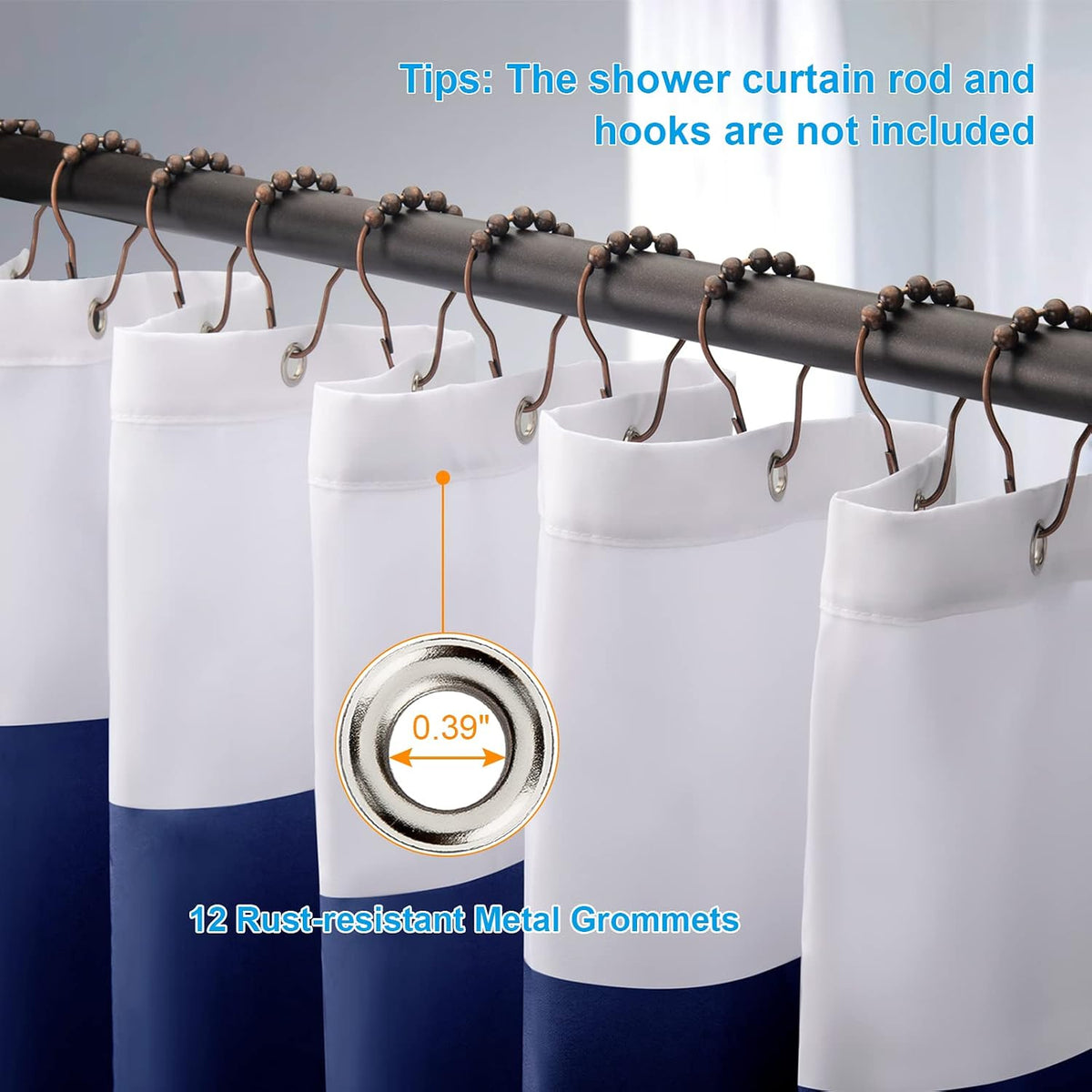AmazerBath Navy Blue Shower Curtain Stripes, 72" W x 72" H Blue and White Shower Curtain, Fabric Shower Curtains for Bathroom with 2 Heavy Stones, Water Repellent