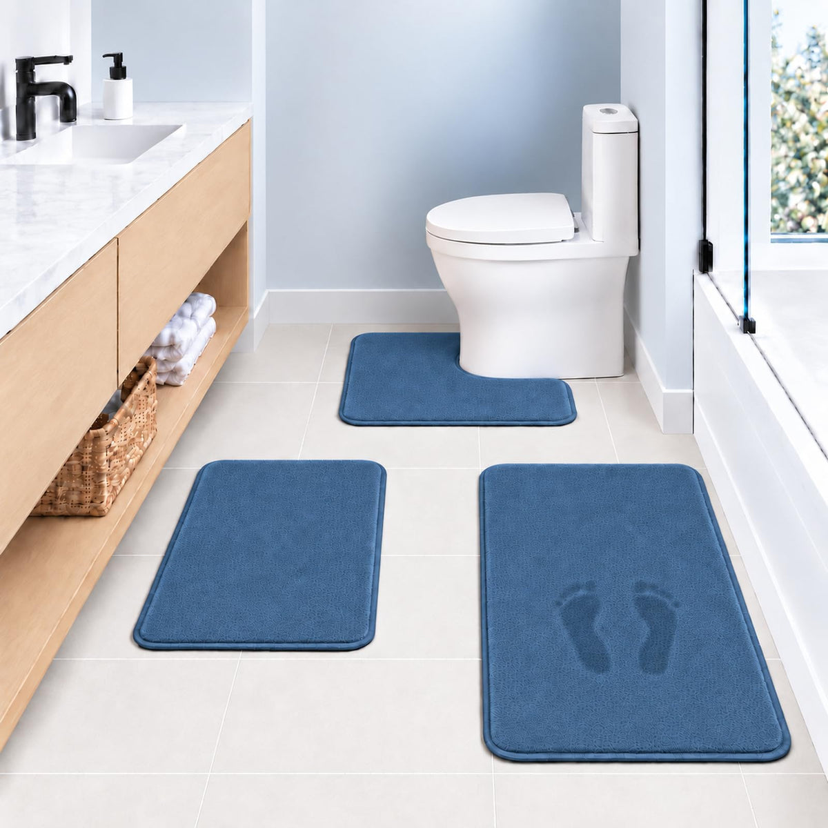 Black Bathroom Rug Set Memory Foam Bath Mats 3 Piece with Toilet Mats, Soft & Supportive, Shock Absorbing, Water Absorbent, Non-Slip Bath Rugs, Machine Washable, Area Rug, Home Decor Accessories