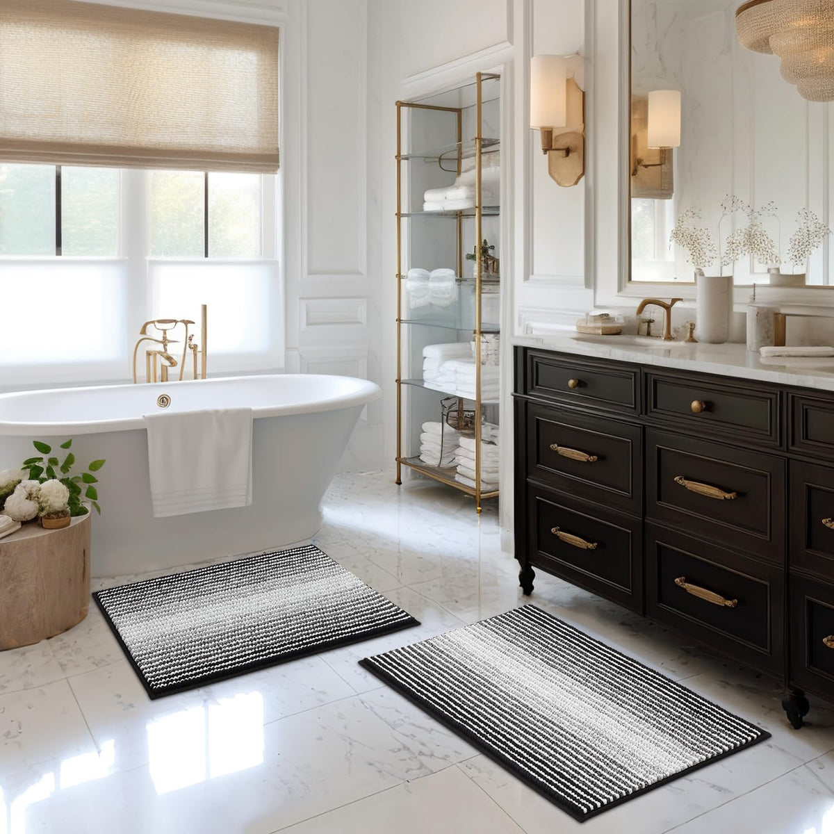 BSICPRO Large Chenille Bathroom Rugs Runner, 20x47 Striped Bath Mats, Beige
