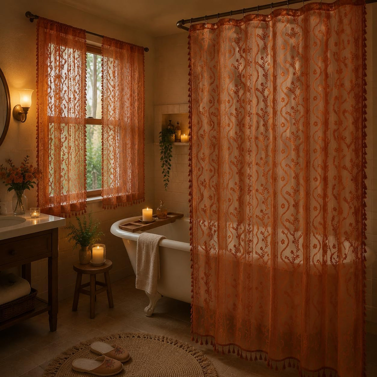 WAZZIO Terracotta Lace Shower Curtain,Boho Chic Fall Color,72 x 72 in