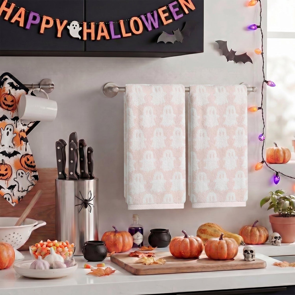 Artoid Mode 2 Pcs Pink Ghost Halloween Hand Towels for Bathroom