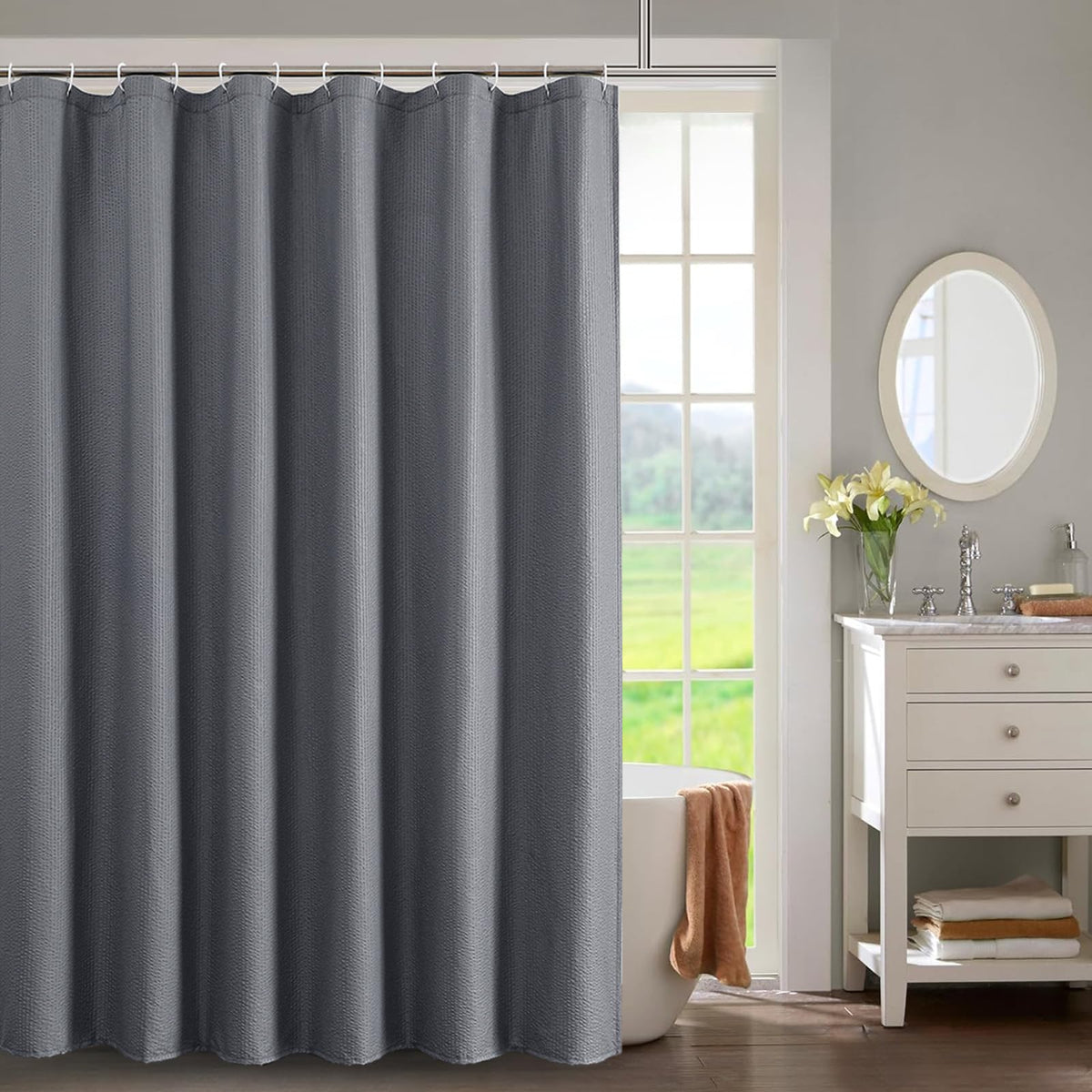 OWENIE Cream Shower Curtain or Bathroom 72x72 Inch, 3D Embossed Textured Waffle Fabric Shower Curtains, Soft Hotel Farmhouse Style, Water Repellent, Machine Washable, Cream, 72" W x 72" L