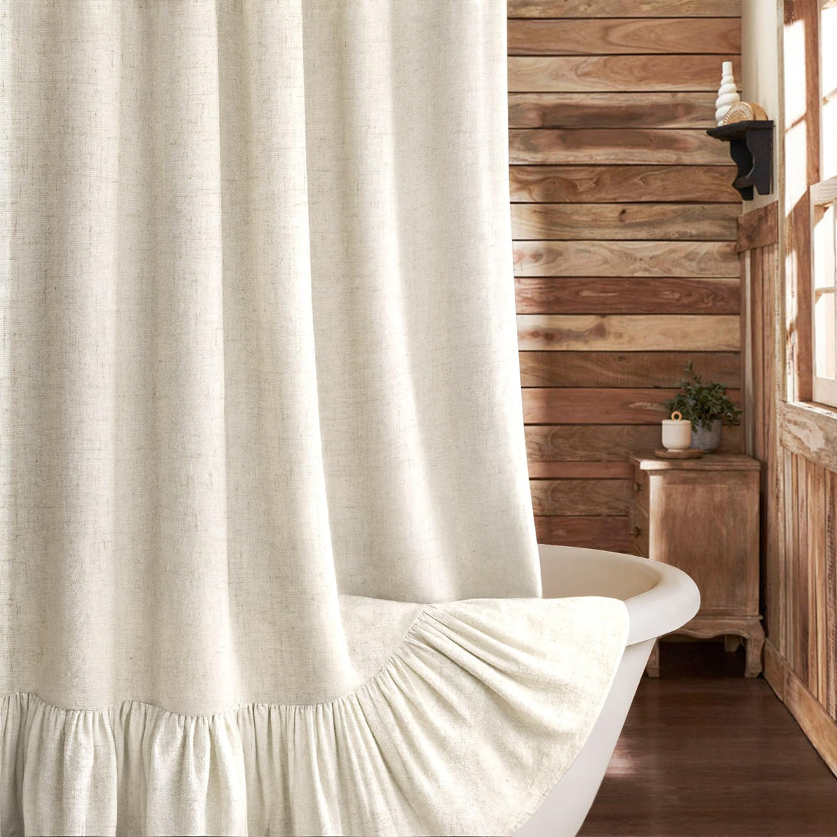 Farmhouse Shower Curtain Ruffle Linen Beige 72" W x 72" L