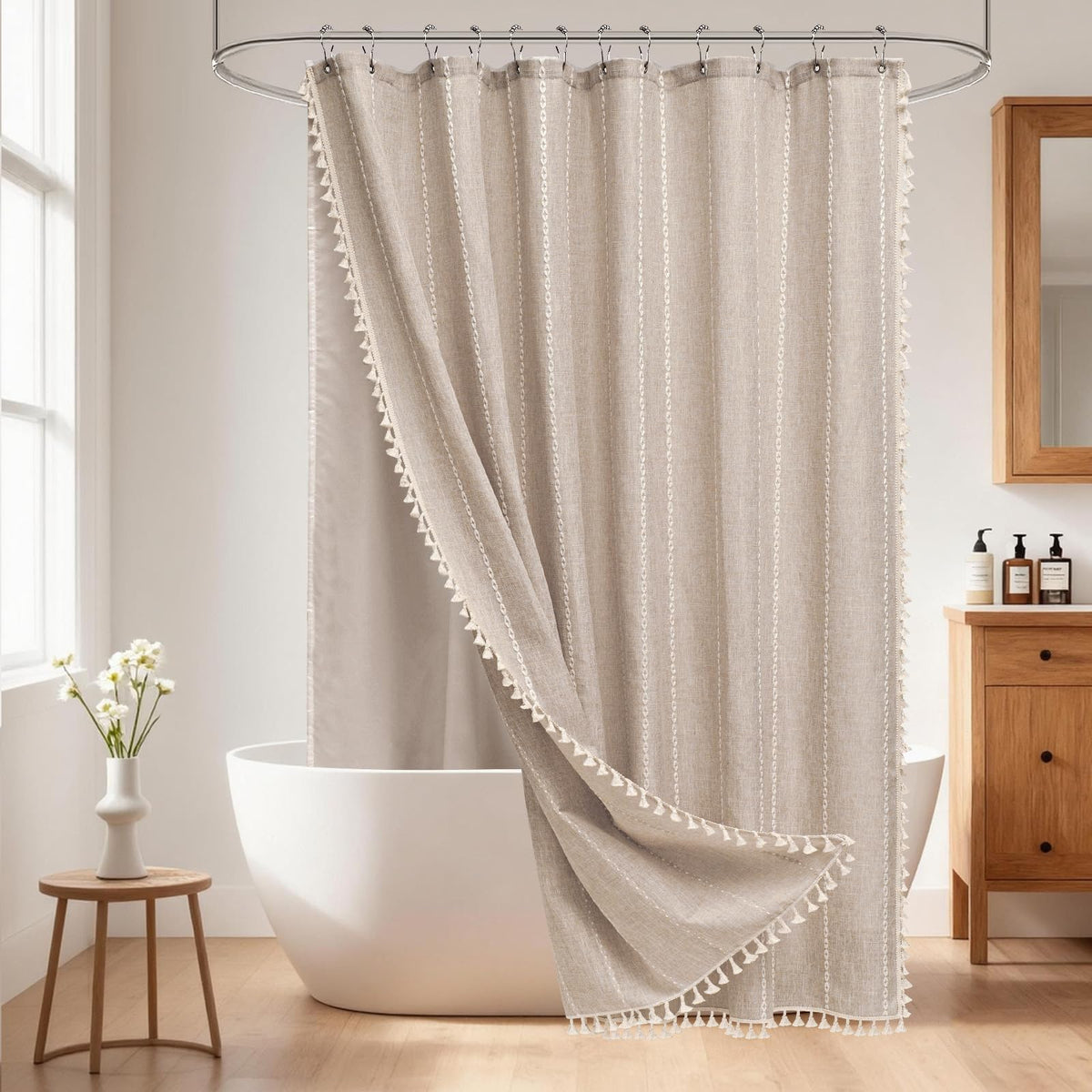 Seenus Boho Farmhouse Linen Shower Curtain with Tassels, Heavyweight Soft Fabric Shower Curtain Beige Water Repellent, 72 x 72 Inch Cream Elegant Bathroom Decor Shower Curtains Cotton Striped