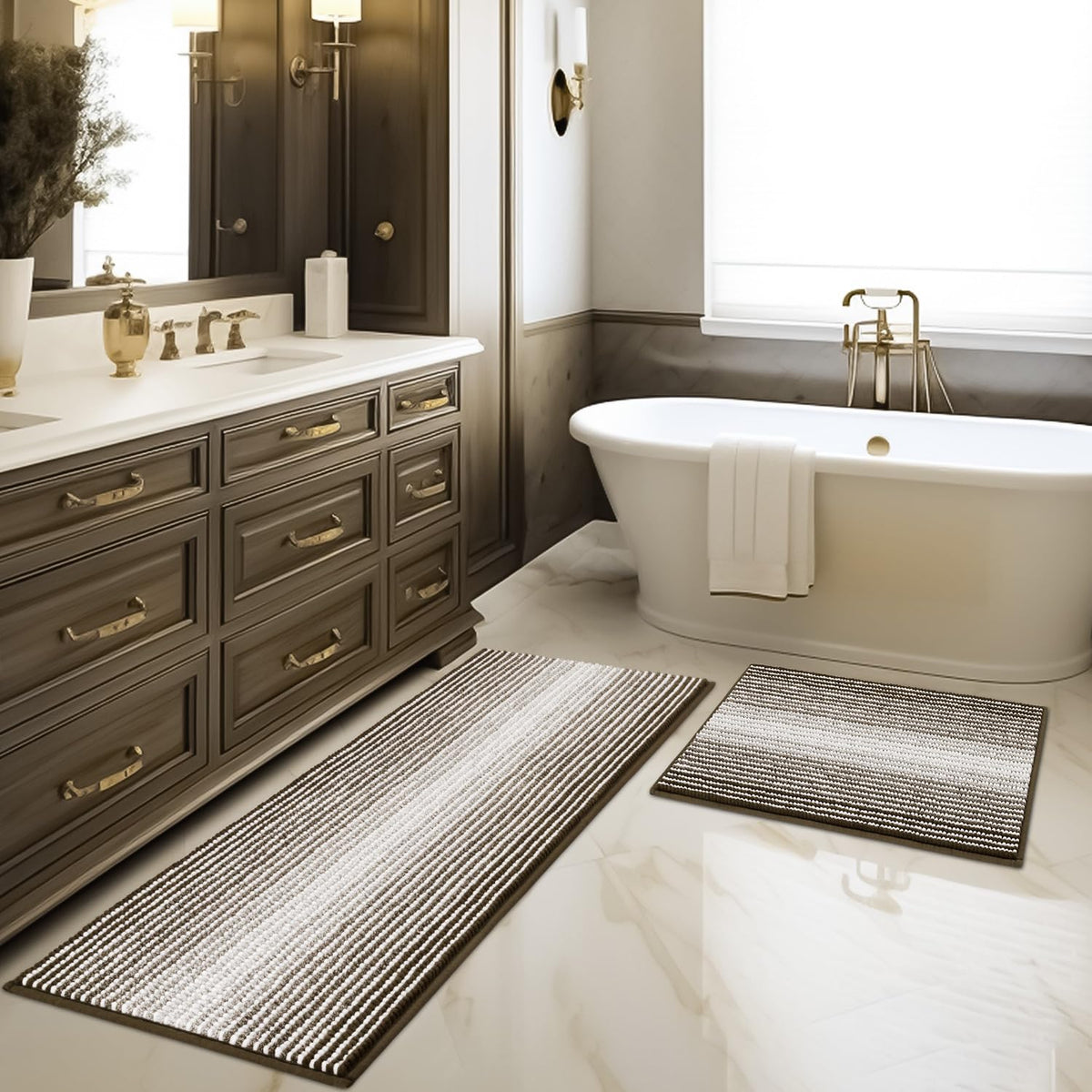 BSICPRO Large Chenille Bathroom Rugs Runner, 20x47 Striped Bath Mats, Beige