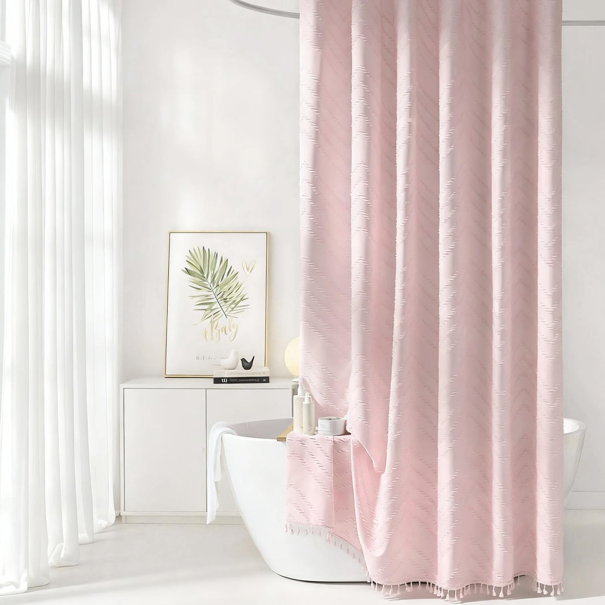 Siiluminisoy Boho Shower Curtain with Tassel Woven Fabric Olive Green Shower Curtain 72 x 72 Modern Farmhouse Textured Tufted Chevron Striped Minimalist Bathroom Shower Curtains