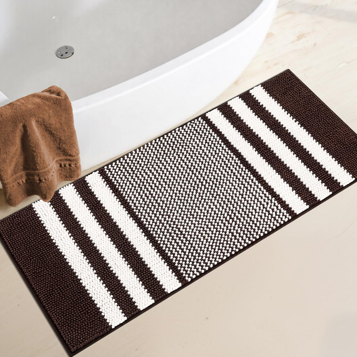 BSICPRO Large Chenille Bathroom Rugs Runner, 20x47 Striped Bath Mats, Beige