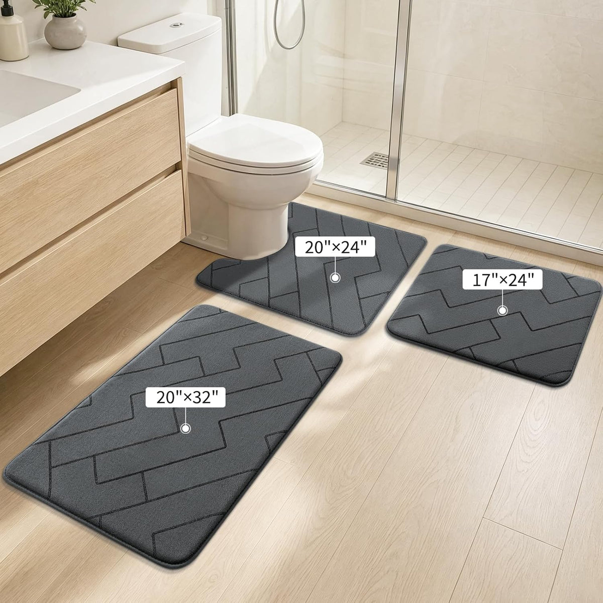 YIHOUSE 3 Piece Bathroom Rug Set - Soft Memory Foam Bath Mat, Dark Grey