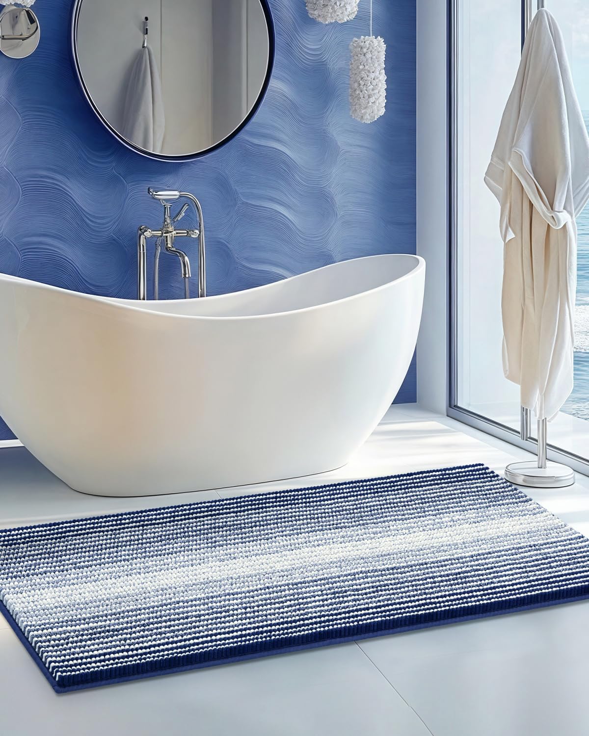 BSICPRO Large Chenille Bathroom Rugs Runner, 20x47 Striped Bath Mats, Beige