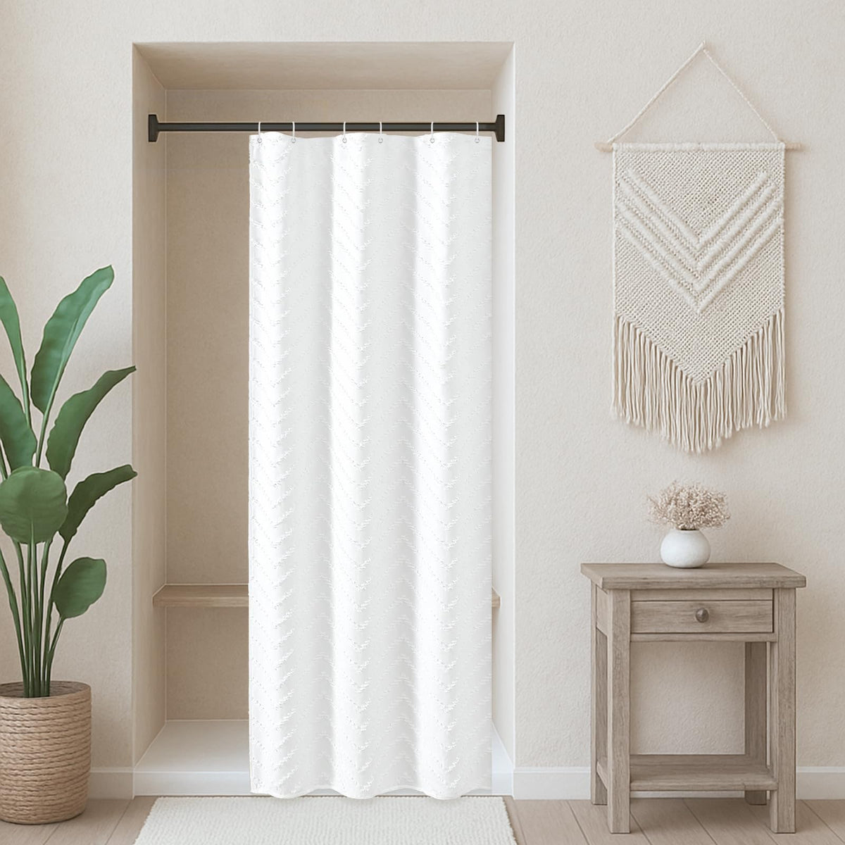 White Boho Fabric Shower Curtain 72 x 84 Inches