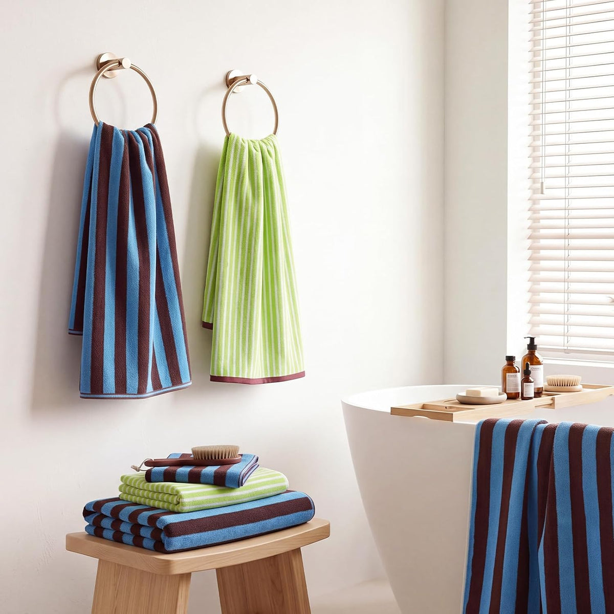 ecolook Reversible Striped Towel Set of 6, Soft 100% Cotton, Blue & Green