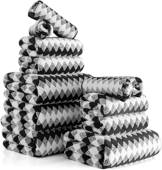 12 Pcs Black White Diamond Towel Set-4 Bath Towels,4 Hand Towels,4 Washcloths Soft Polyester Towels with Loop Absorbent Shower Towel Quick Dry Beach Chair Towel Family Towels for Bathroom Spa Gym Pool
