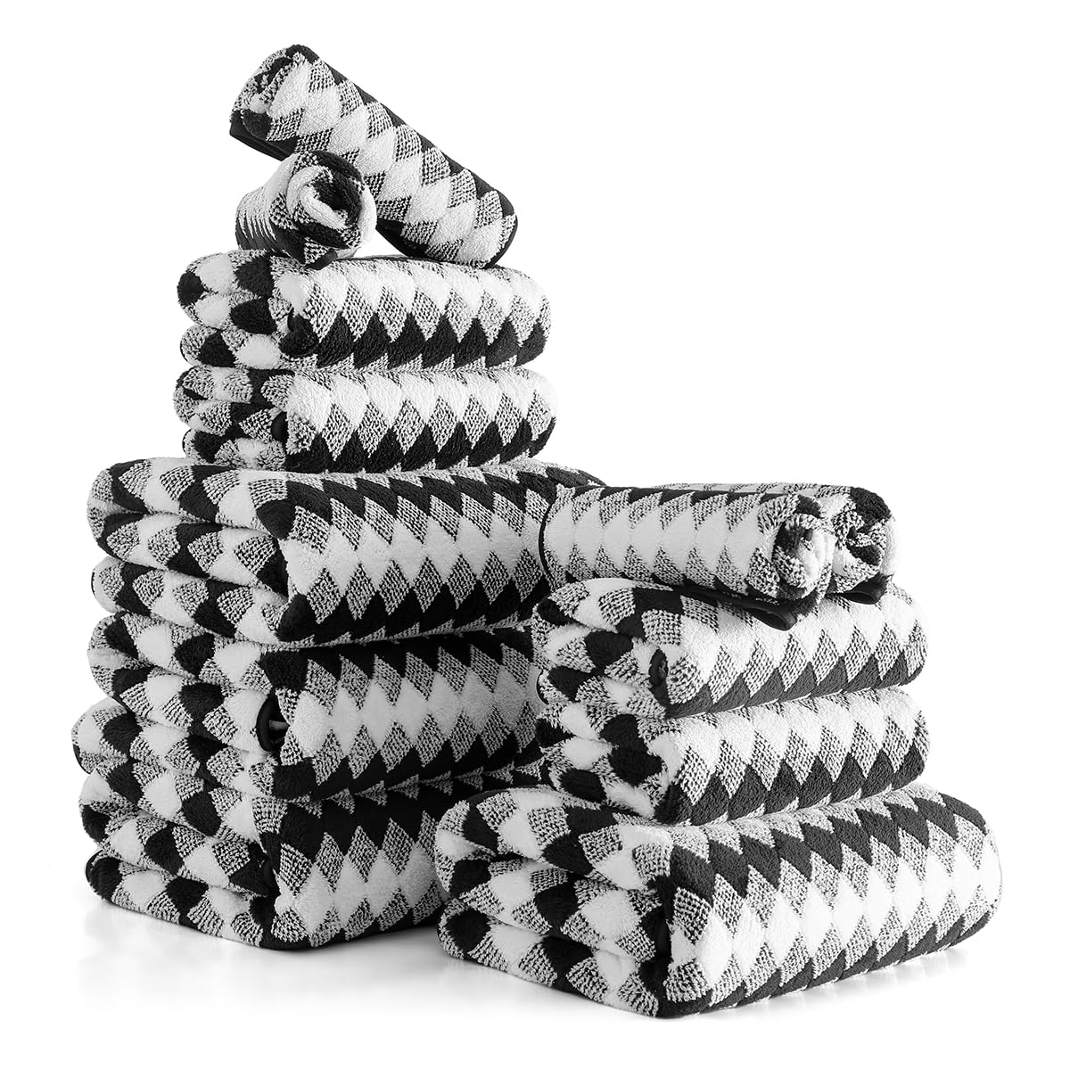 12 Pcs Black White Diamond Towel Set-4 Bath Towels,4 Hand Towels,4 Washcloths Soft Polyester Towels with Loop Absorbent Shower Towel Quick Dry Beach Chair Towel Family Towels for Bathroom Spa Gym Pool