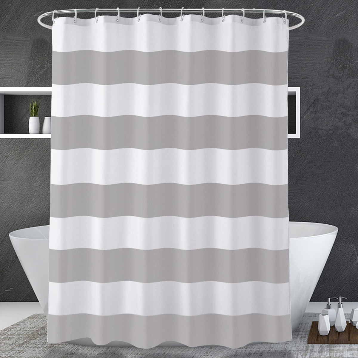 AmazerBath Navy Blue Shower Curtain Stripes, 72" W x 72" H Blue and White Shower Curtain, Fabric Shower Curtains for Bathroom with 2 Heavy Stones, Water Repellent