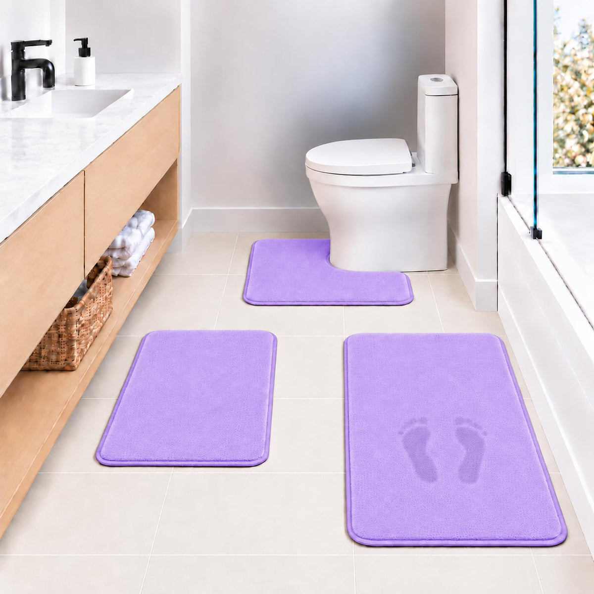Black Bathroom Rug Set Memory Foam Bath Mats 3 Piece with Toilet Mats, Soft & Supportive, Shock Absorbing, Water Absorbent, Non-Slip Bath Rugs, Machine Washable, Area Rug, Home Decor Accessories