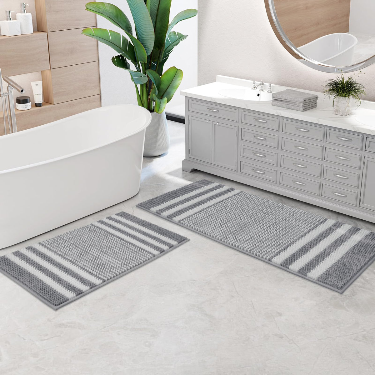 BSICPRO Large Chenille Bathroom Rugs Runner, 20x47 Striped Bath Mats, Beige