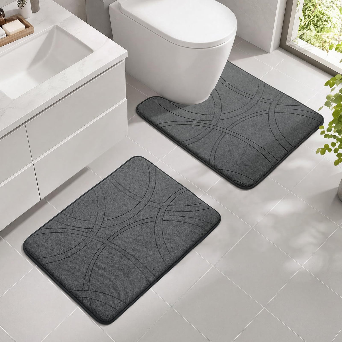 YIHOUSE 3 Piece Bathroom Rug Set - Soft Memory Foam Bath Mat, Dark Grey