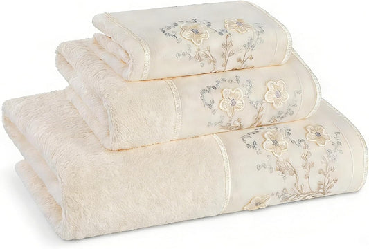 Zahari Home 3 Piece Bath Towels Set for Bathroom, Bath, Hand & Wash Cloths, Decorative Stylish Plush Cotton Washcloths - Showering, Face & Body Washing, Airbnb Essentials & Host Accessories, Beige